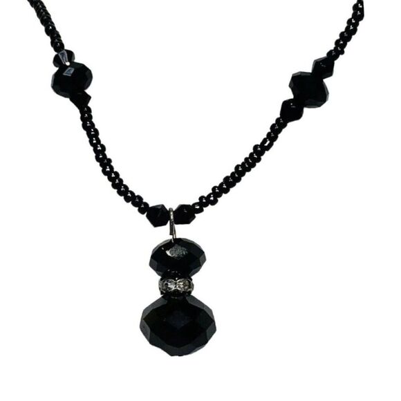 Vintage Black Shimmering Rhinestone Faceted Beaded Chain Pendant Necklace 19” - Picture 2 of 6